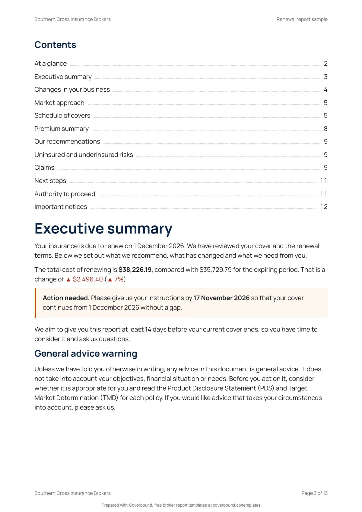 Insurance renewal report, page 3