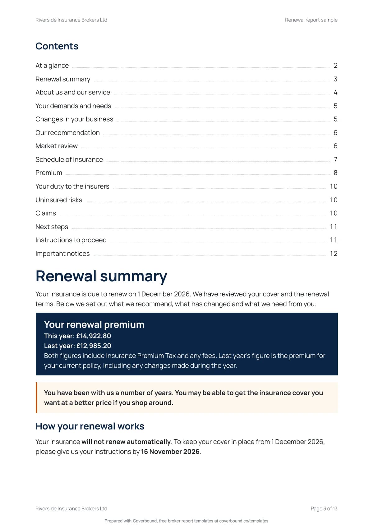 Insurance renewal report, page 3