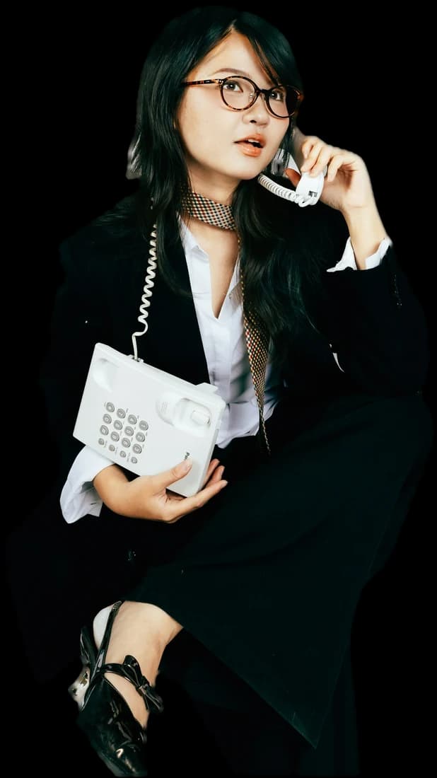 A woman in a black suit perched on a stool, talking on a vintage corded phone